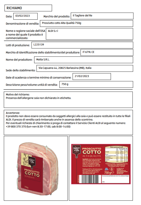 Allerta Alimentare Ritirato dal mercato un noto marchio di prosciutto