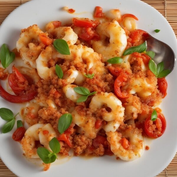 Calamari e gamberi gratinati con pomodorini pachino in friggitrice ad aria