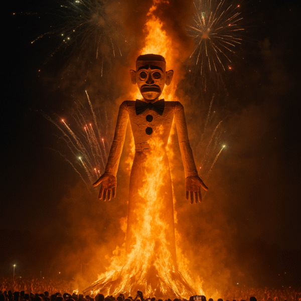 Il momento in cui Zozobra prende fuoco sotto il cielo di Santa Fe