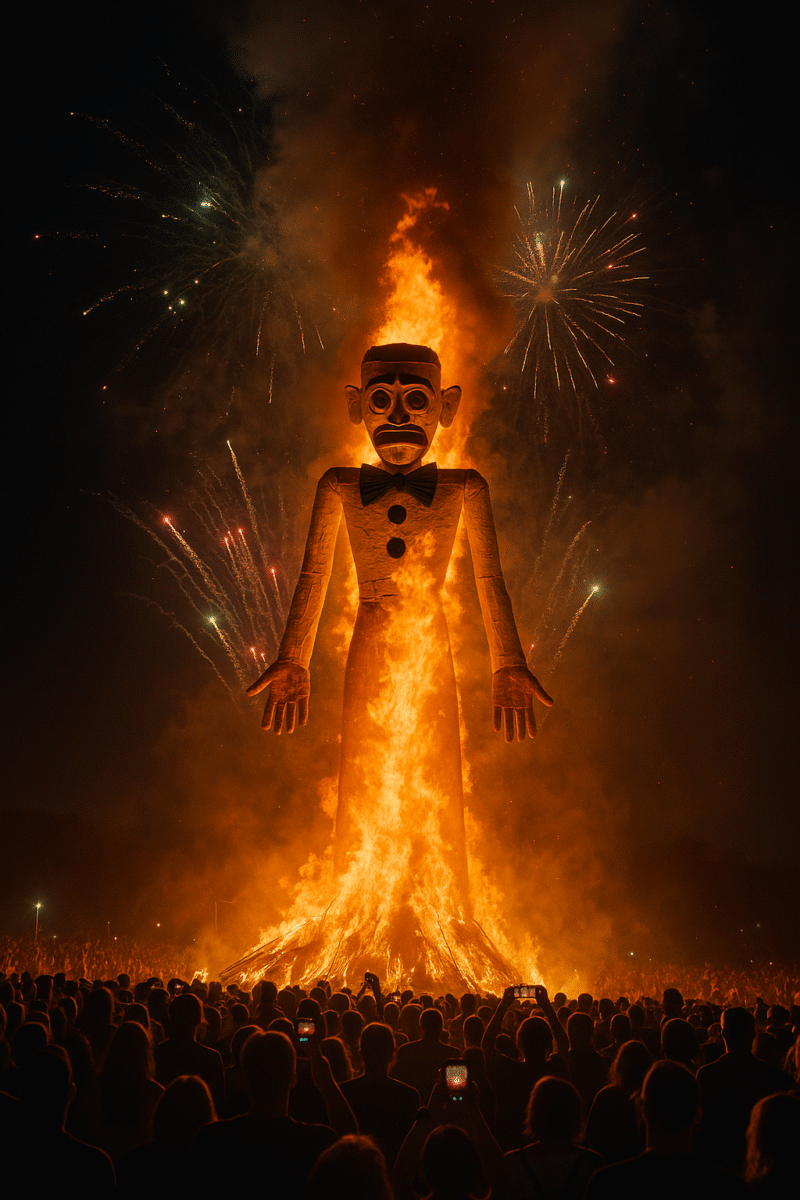 Il momento in cui Zozobra prende fuoco sotto il cielo di Santa Fe