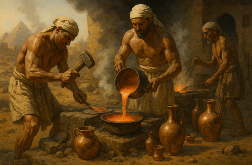 Antichi artigiani egizi al lavoro in una fonderia di rame tra sabbia e fuoco