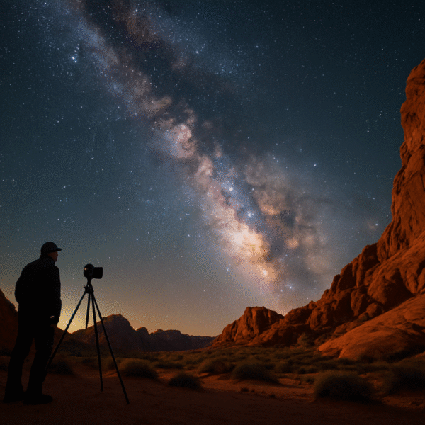 Un fotografo solitario osserva la Via Lattea nel cielo limpido sopra le rocce rosse della Valley of Fire, nel deserto del Nevada.