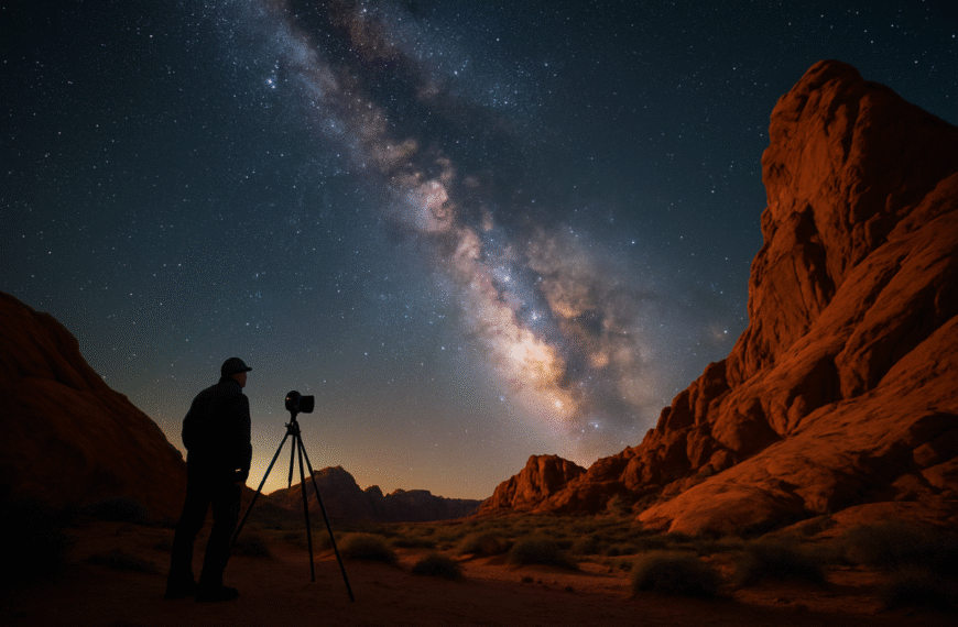 Un fotografo solitario osserva la Via Lattea nel cielo limpido sopra le rocce rosse della Valley of Fire, nel deserto del Nevada.