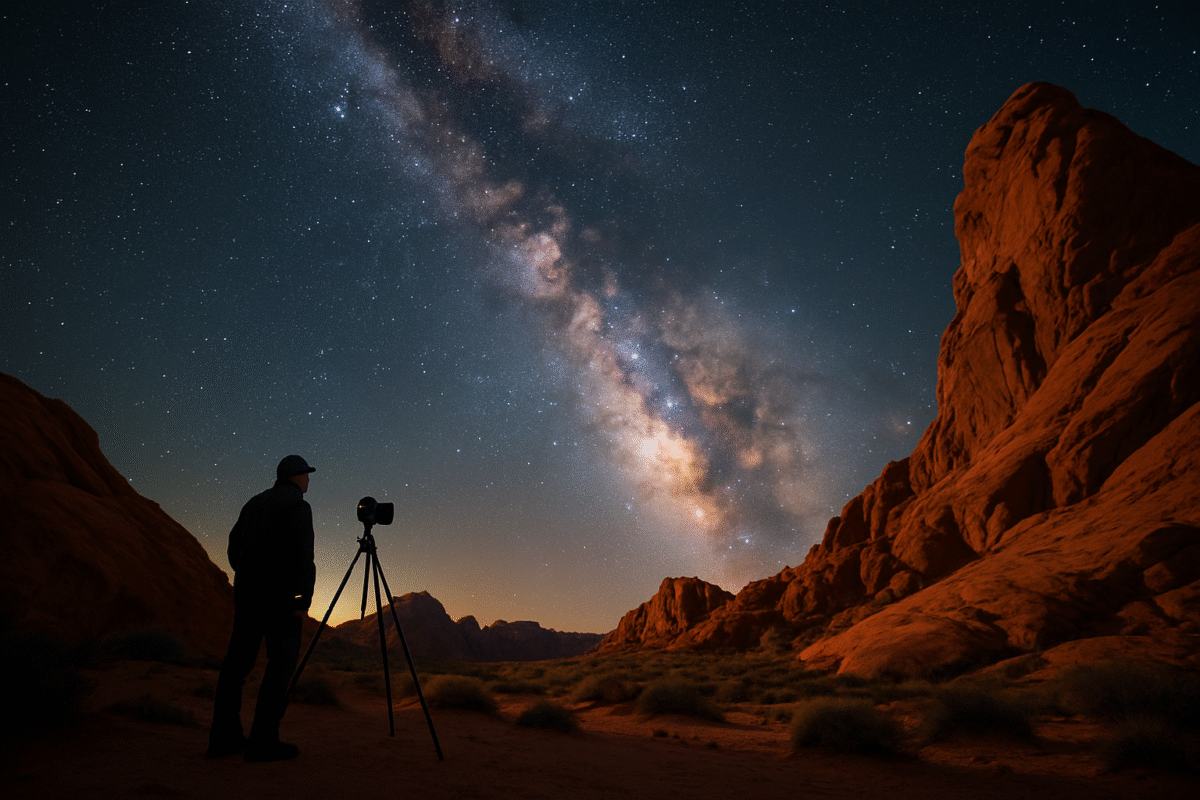 Un fotografo solitario osserva la Via Lattea nel cielo limpido sopra le rocce rosse della Valley of Fire, nel deserto del Nevada.