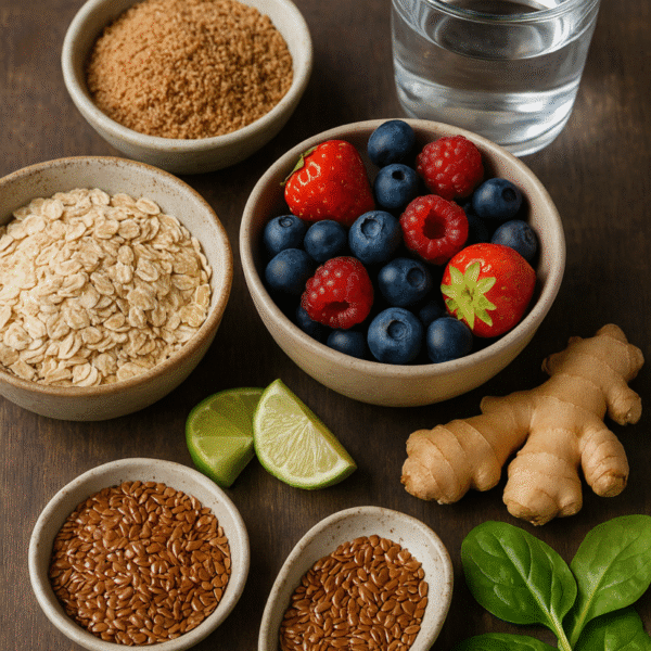 avena, semi di lino, frutti di bosco, zenzero e un bicchiere d’acqua
