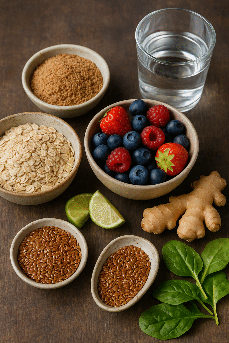 avena, semi di lino, frutti di bosco, zenzero e un bicchiere d’acqua