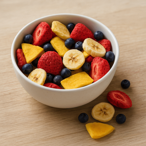 una ciotola di frutti liofilizzati colorati (fragole, mirtilli, mango, banane)