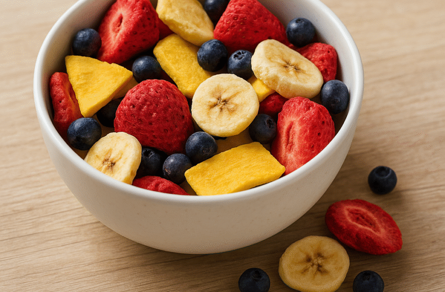 una ciotola di frutti liofilizzati colorati (fragole, mirtilli, mango, banane)