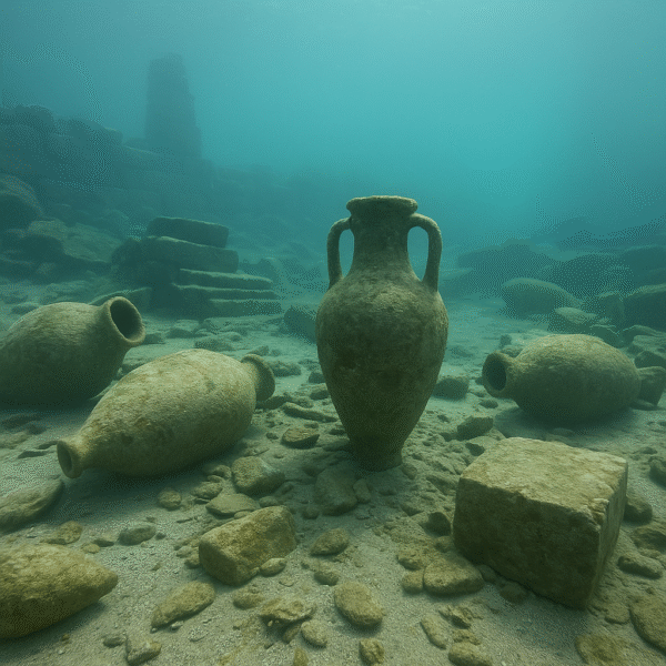 un porto antico sommerso con anfore e rovine