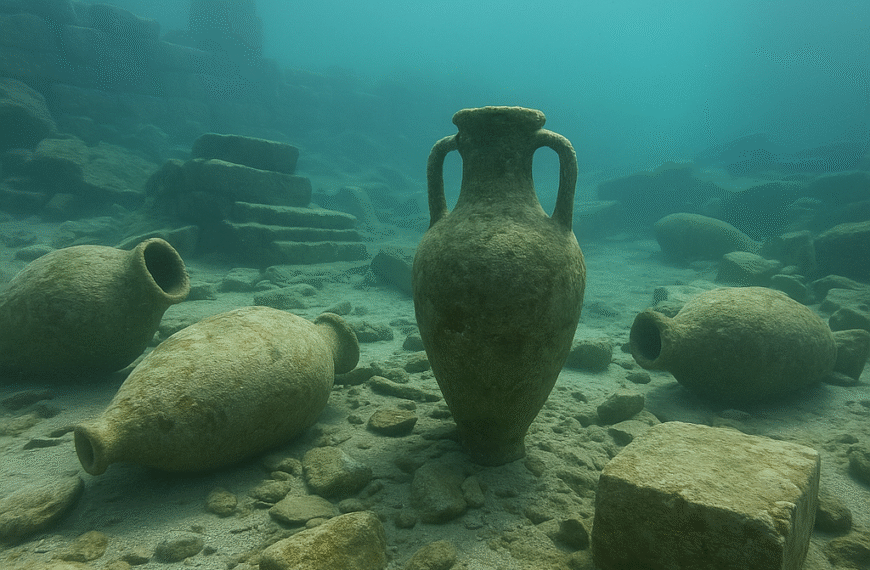 un porto antico sommerso con anfore e rovine