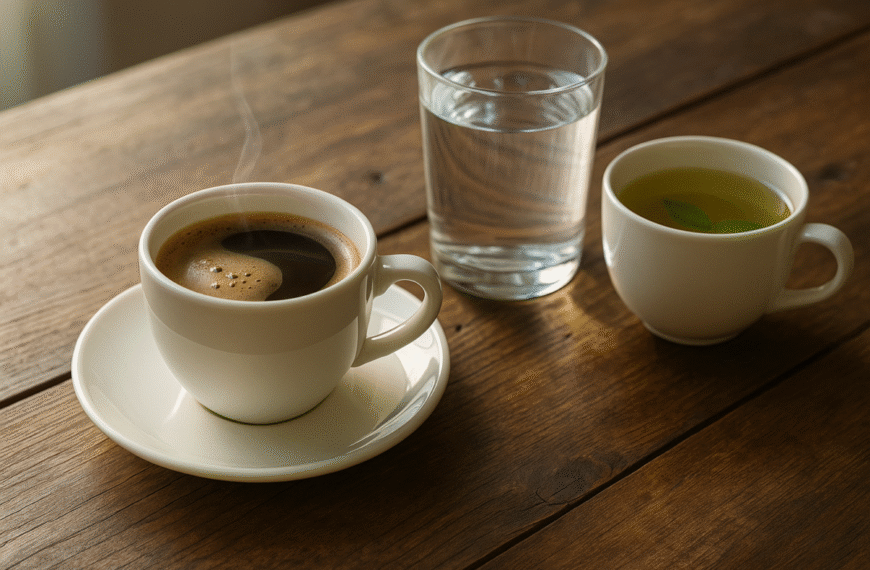 caffè fumante, una tazza di tè verde e un bicchiere d’acqua