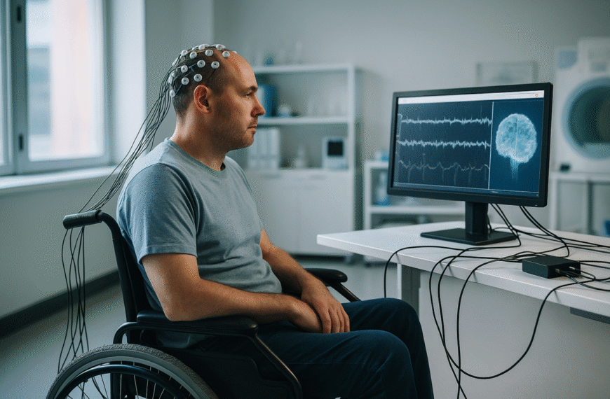 un uomo su sedia a rotelle in laboratorio medico