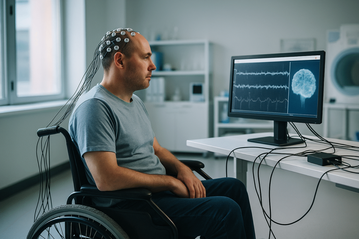 un uomo su sedia a rotelle in laboratorio medico