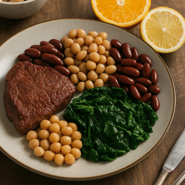 un piatto bilanciato e colorato di alimenti ricchi di ferro