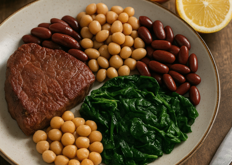 un piatto bilanciato e colorato di alimenti ricchi di ferro