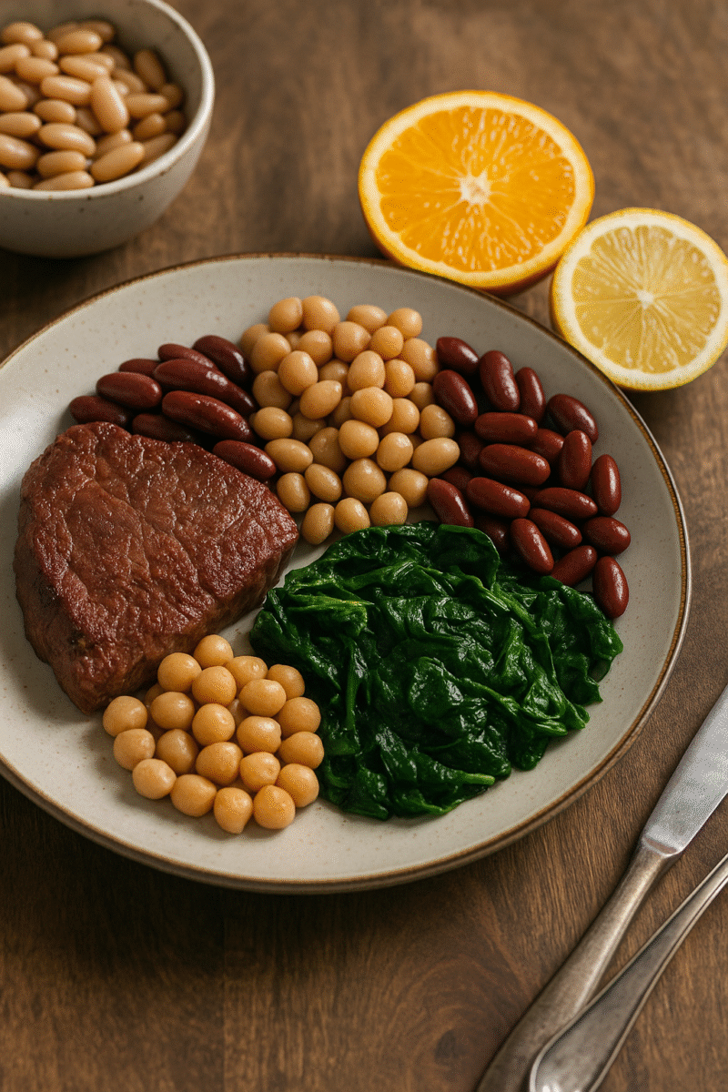 un piatto bilanciato e colorato di alimenti ricchi di ferro