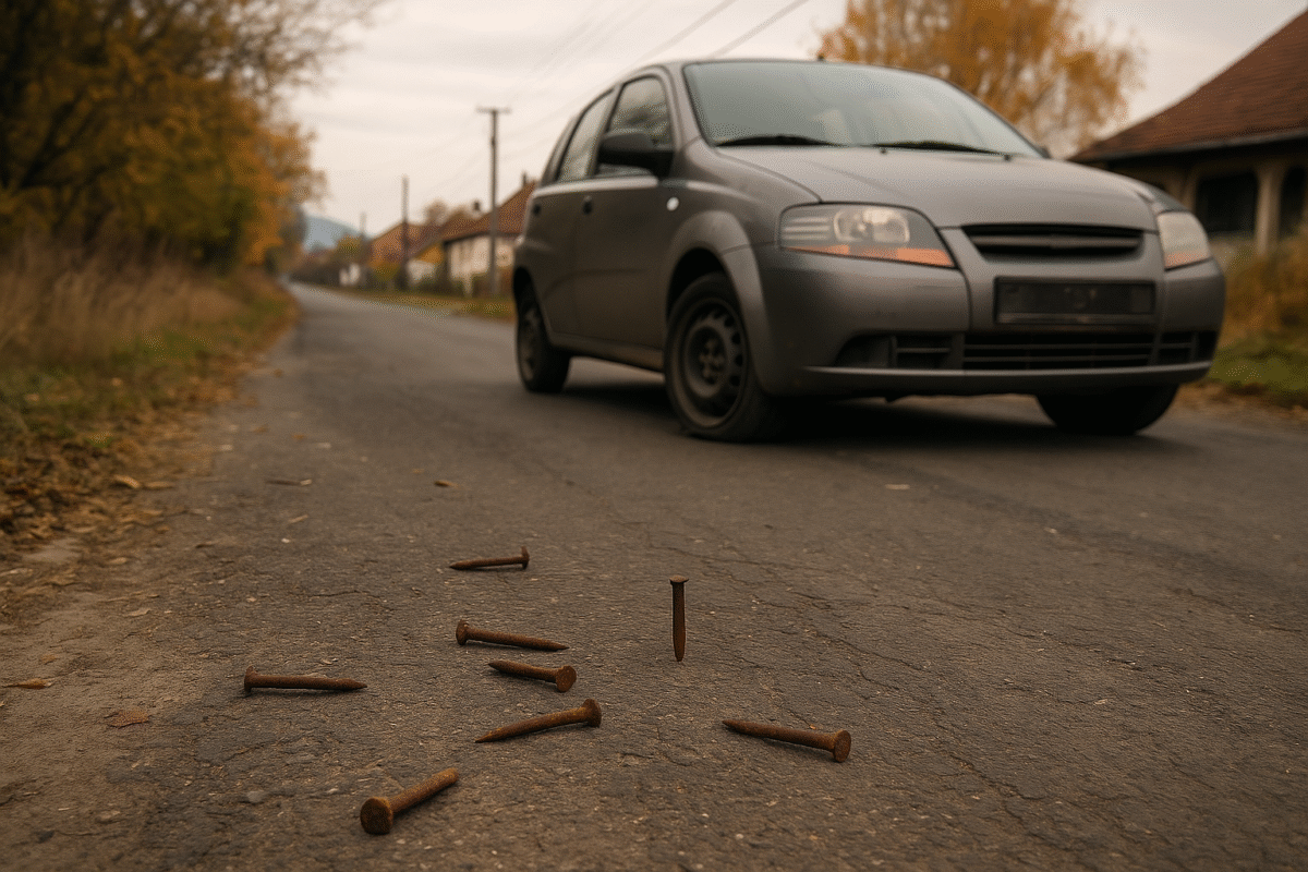 strada di campagna ungherese (autunnale, vicino a Eger), con chiodi arrugginiti visibili sull’asfalto