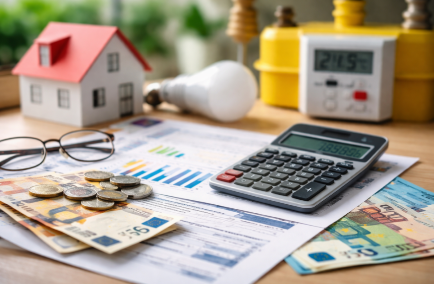 Bonus bollette 2026 approvato dal Governo, calcolatrice e bollette luce e gas con euro su tavolo