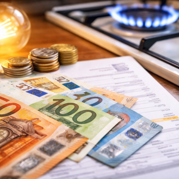 Bollette luce e gas con euro sul tavolo, immagine simbolo del bonus da 90 euro e sconti ISEE 25mila euro nel 2026