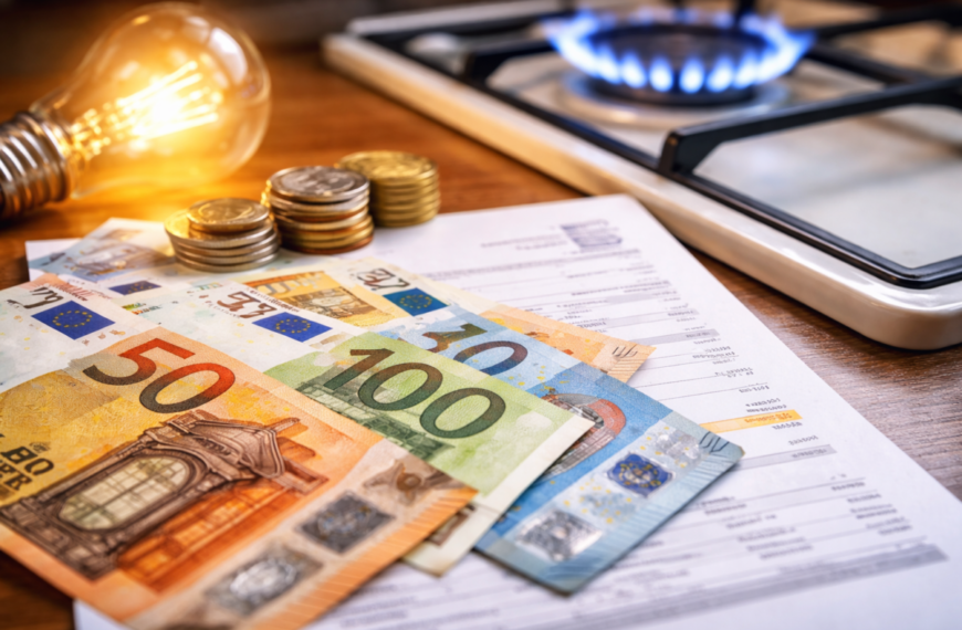 Bollette luce e gas con euro sul tavolo, immagine simbolo del bonus da 90 euro e sconti ISEE 25mila euro nel 2026