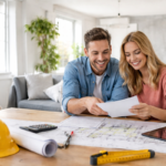 Coppia che consulta planimetrie e documenti per ristrutturazione casa con Bonus Casa 2026