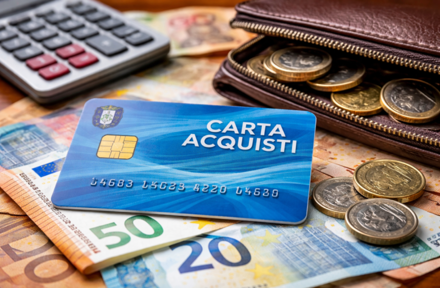 Carta Acquisti 2026 con banconote in euro e portafoglio, bonus 80 euro ogni due mesi